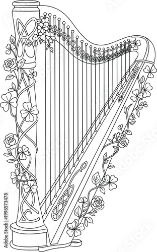 Celtic harp with floral decorations and vines on neck and pillar