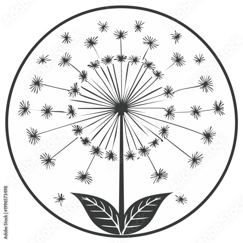 Dandelion illustration in a circle, black and white design