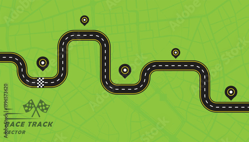 Creative vector illusion of race track or road symbol isolated on green background.