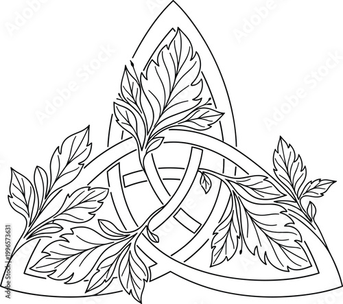 Celtic knot design with leaves and interwoven lines on white