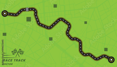 Creative vector illusion of race track or road symbol isolated on green background.