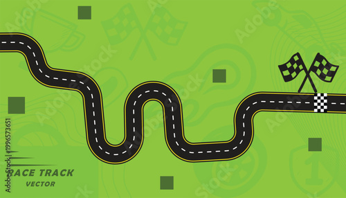 Creative vector illusion of race track or road symbol isolated on green background.
