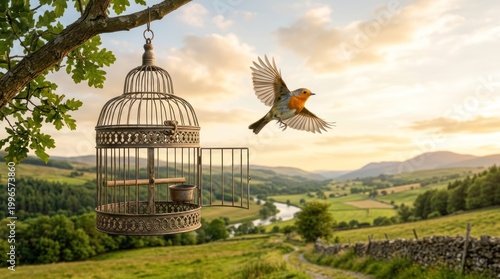 A bird flying out of a cage with a scenic landscape in the background.