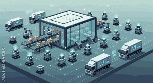 Modern logistics and distribution center illustration with delivery trucks