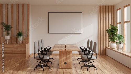 Modern Wooden Meeting Room with Natural Light and Minimal Design.3d rendering.