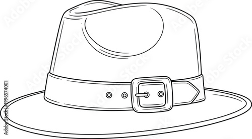 Line drawing of a cowboy hat with belt and buckle on white background