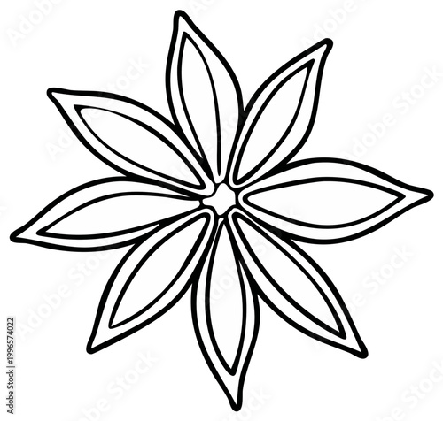 Star anise spice illustration, black outline on white, single object
