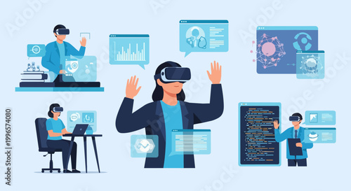 Virtual reality interaction and technology illustration with people and data