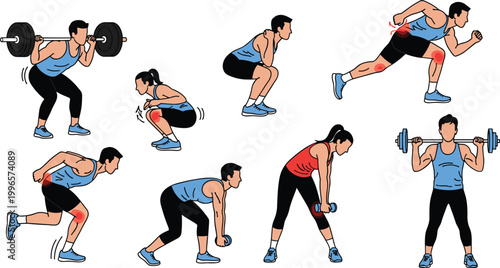 Weightlifting exercise vector illustrations showing squats, lunges, and deadlifts with injury highlights