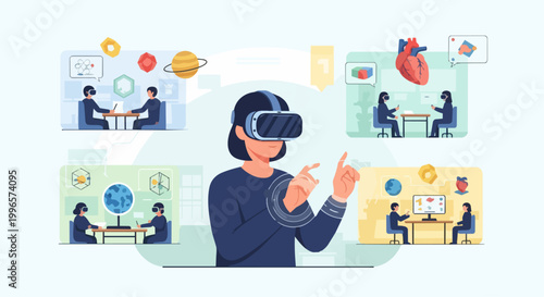 Woman wearing vr headset interacting with virtual environments vector illustration
