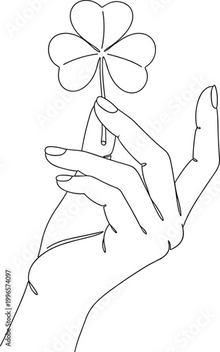 Minimalist line art of a hand holding a four leaf clover