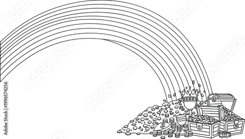 Rainbow leads to treasure chest filled with gold coins and jewels