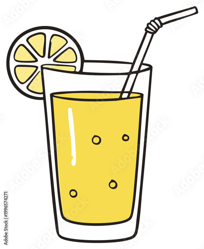Refreshing yellow lemonade in a tall glass with straw and lemon slice garnish