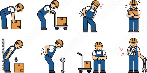 Workplace injury vector illustrations showing labor tasks and musculoskeletal strain