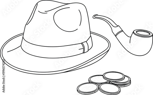 Sheriff hat and pipe with stack of coins illustration