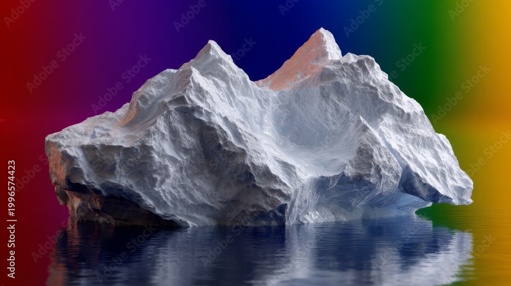 Obraz premium Massive iceberg floating on water with vibrant rainbow gradient background, conceptual 3D illustration.