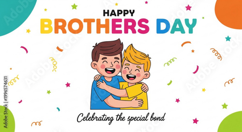 Brothers Day greeting card illustration with siblings hugging happily