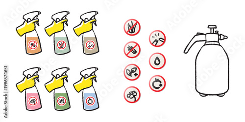 Versatile gardening spray bottle icons featuring pesticide, herbicide, and fertilizer symbols. Great for educational materials on plant care, lawn maintenance, and sustainable gardening practices.