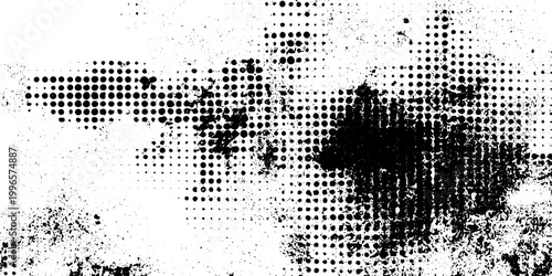 Abstract Black and White Grunge Halftone Texture Vector with Ink Splashes and Distressed Dot Patterns