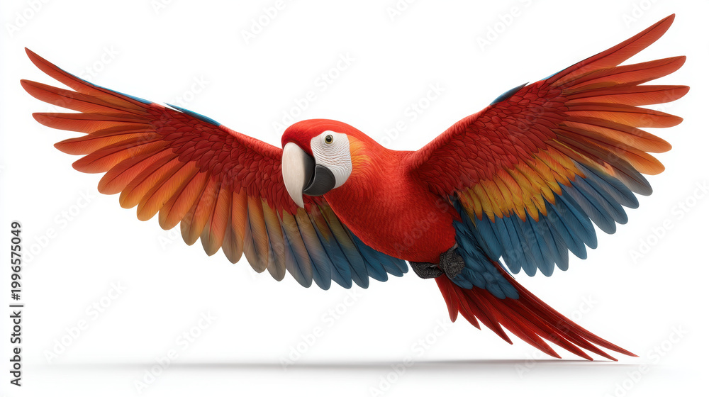 Obraz premium Scarlet macaw in flight with wide wingspan and bright feather color on white background