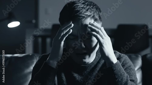 A Man Experiencing Emotional Anguish and Head Pain in A Darkened Living Room Scene