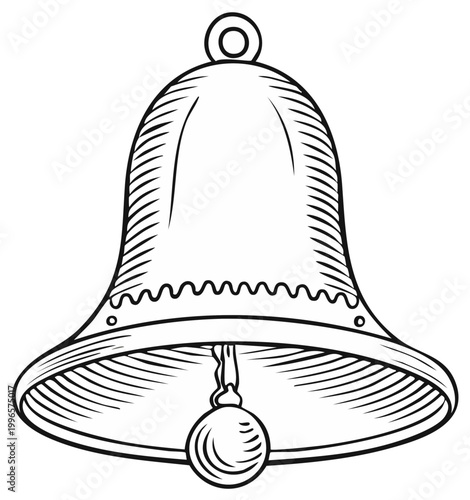 Isolated outline illustration of a classic vintage bell with a clapper and decorative details