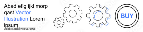 E-commerce, digital transactions, industrial automation, operations, efficiency, online shopping. Diagram showing gears and a buy button. E-commerce and industrial automation concepts