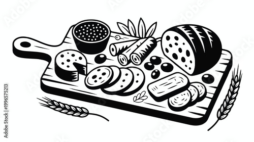 Elegant hand-drawn illustration of a rustic wooden board laden with an assortment of gourmet deli items, sliced bread, and olives