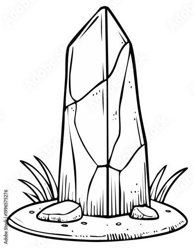 Standing stone monolith in a grassy area illustration in outline style art. Cartoon illustration for coloring book or other creative designs.