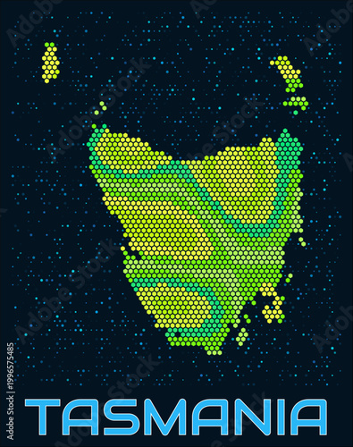Tasmania hexagon dots map. Australia. Digital style shape of the island. Tasmania map and title. Tiny green colored hexagons, sparse blue dots at background. Vector Illustration.