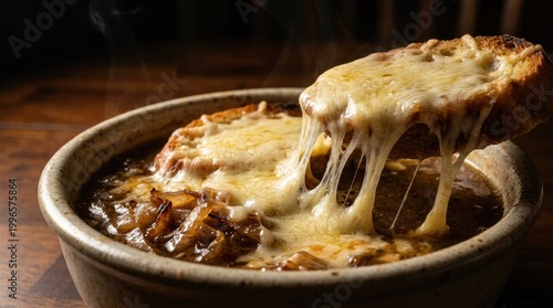 Gourmet French onion soup in rustic ceramic bowl with gooey melted Gruyère cheese pull, golden brown toasted bread, rich caramelized onions, cozy bistro dining concept, warm golden lighting, comfort