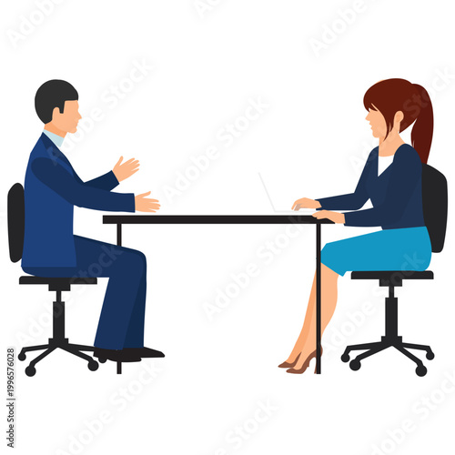 Negotiation and Assessment: Illustration of a formal business meeting between two figures, one interviewing, the other as interviewee, with a laptop involved