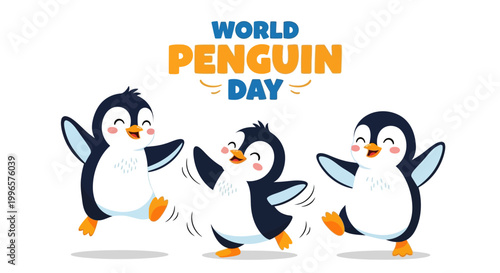 Cheerful cartoon penguins celebrate World Penguin Day in a vector illustration, depicted with bright, joyful colors and a clean design against a white background, conveying a lighthearted