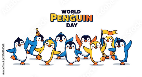 Cartoon penguins celebrate World Penguin Day in a cheerful vector illustration, showcasing a group of the adorable antarctic animals dancing with happy expressions against a clean white