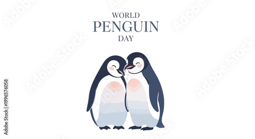 A charming vector illustration celebrates World Penguin Day, showcasing two adorable cartoon penguins snuggling together against a clean white background with soft, pastel colors