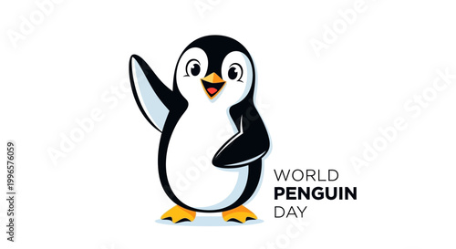 Cartoon illustration celebrates World Penguin Day with a cute penguin mascot waving on a clean white backdrop, designed in a vector style, promoting wildlife conservation of this antarctic