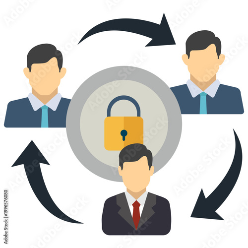 Secured Circle of Trust: A graphic illustration showcasing a central padlock, encircled by three figures, each linked by arrows, symbolizing a closed, secure loop of trust and data protection.