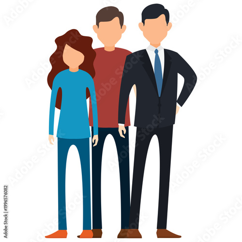 Team of three: Illustrating a united front with three diverse individuals in casual and formal attire, fostering a sense of collaboration.