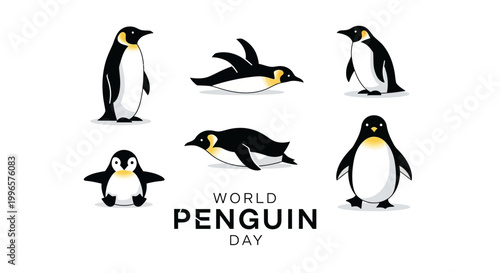 Isolated on white, a World Penguin Day vector illustration showcases various penguin poses: standing, swimming, and flapping, rendered as cute cartoon drawings, emphasizing wildlife