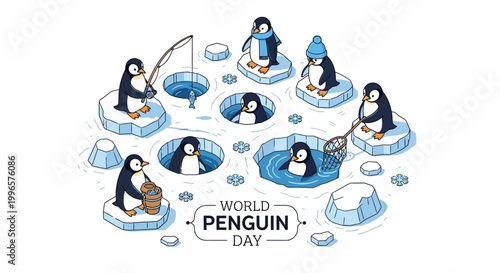 A vector illustration celebrates World Penguin Day with a playful scene of cartoon penguins engaging in activities like fishing, swimming, and peeking out from icy holes on a bright white