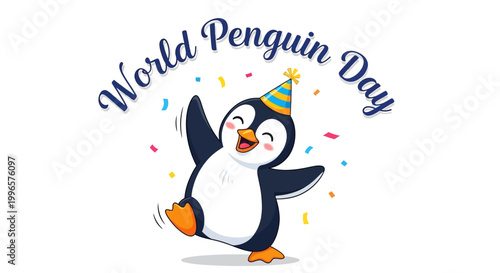 A cute penguin cartoon character celebrating World Penguin Day by dancing under falling confetti, depicted in a cheerful vector illustration with bright colors against a clean white