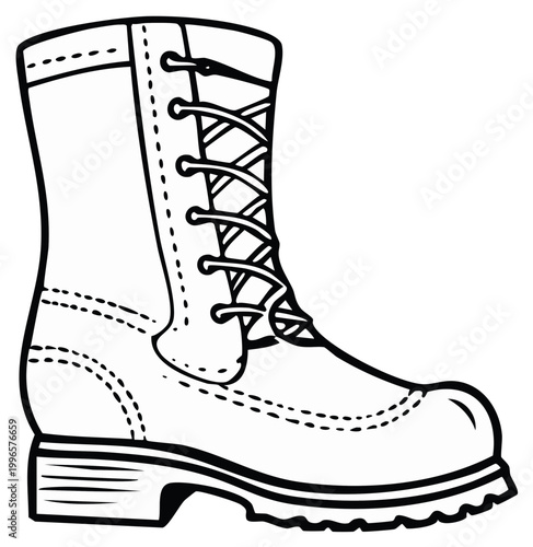Drawn Military Boot Illustration, Tall Lace Up Work Shoe, Protective Footwear Graphic