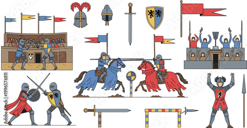 Medieval tournament vector illustration with knights jousting and combat