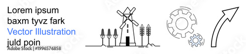 Sustainability, agriculture, renewable energy, progress, growth, technology. Thin line icons showing a windmill, crops gears and an upward arrow. Agriculture and renewable energy concept