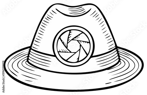 Stylized fedora hat with a camera aperture emblem symbolizing photography and investigation