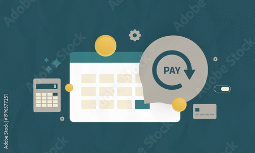 Subscription payment with recurring billing and automated transaction in digital interface. Recurring payment workflow with subscription billing system and payment processing vector illustration