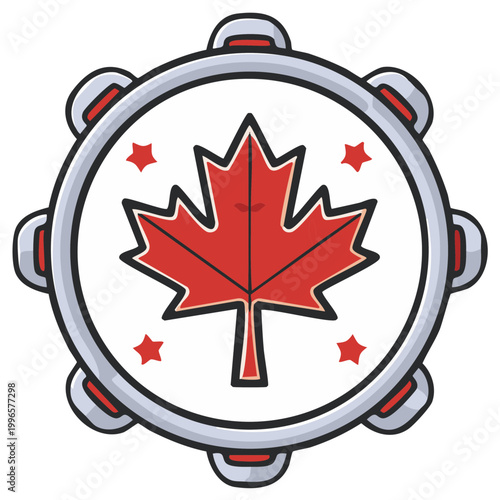 Vibrant illustration of a tambourine featuring a bold red maple leaf and stars perfect for Canadian themed celebrations and music