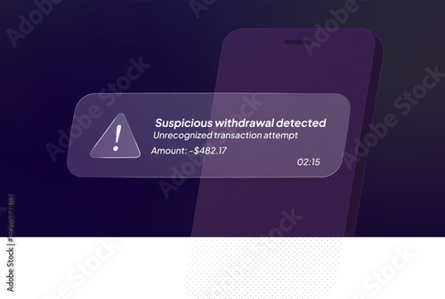 Fraud detection alert with suspicious transactio, unauthorized withdrawal in mobile banking interface. Fraud detection workflow with transaction monitoring, security alert system vector illustration
