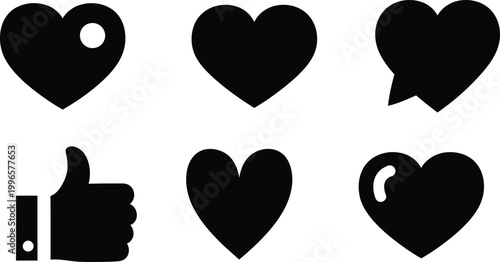 Black silhouette icons hearts thumbs up and abstract shapes