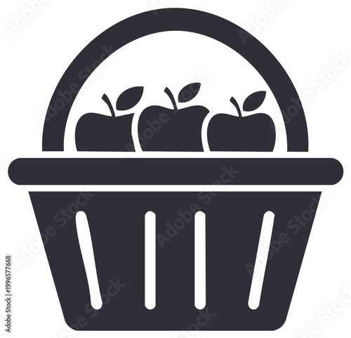 Market basket filled with three fresh apples simple silhouette graphic icon